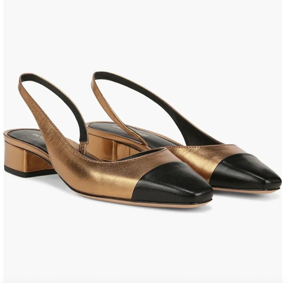 New Veronica Beard Cecile Black Gold Slingback Pumps Cap Toe Block Heel Size 6